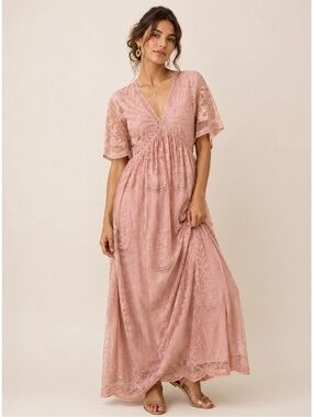 Pinkblush Woman Dusty Pink Lace Embroidery V-Neck Maxi Dress MEDIUM Romatic Boho